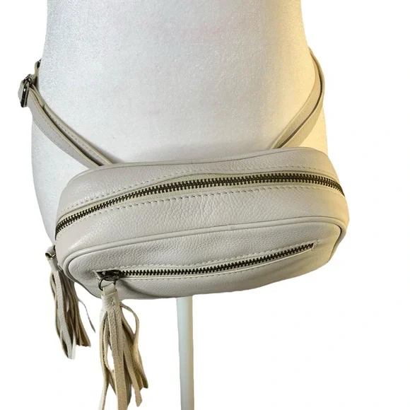 Hadaki Leather Crossbody Bag White Tassel Zip Adjustable Purse Strap Fanny Pack - Picture 14 of 15